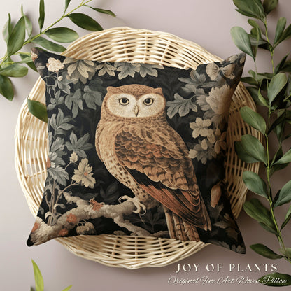 Dark Botanical Owl Throw Pillow | William Morris Throw Pillow Woven Woodland Forestcore Decor Pillow Maximalist Home Decor Throw Pillow Owl