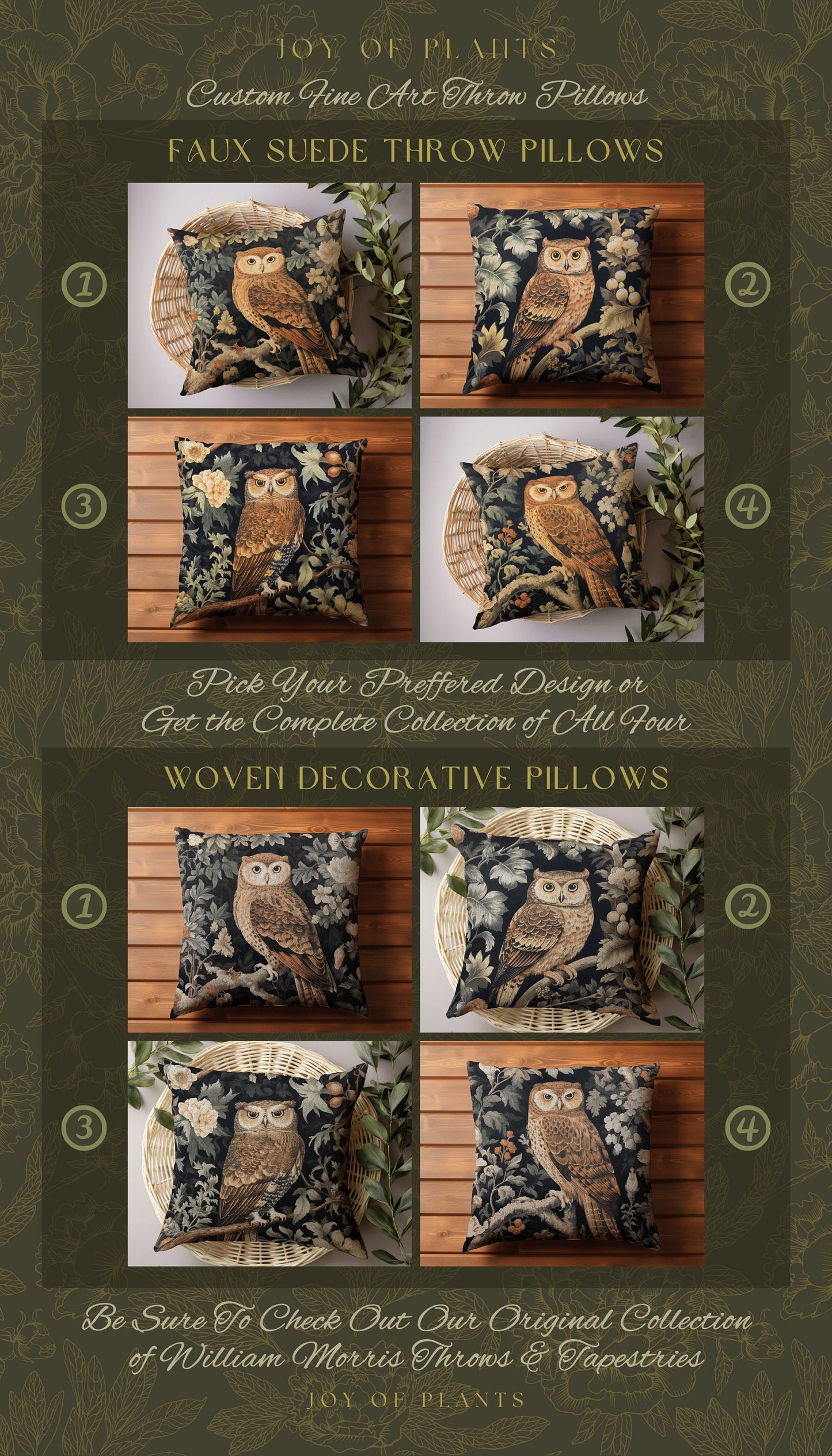 Dark Botanical Owl Throw Pillow | William Morris Throw Pillow Woven Woodland Forestcore Decor Pillow Maximalist Home Decor Throw Pillow Owl