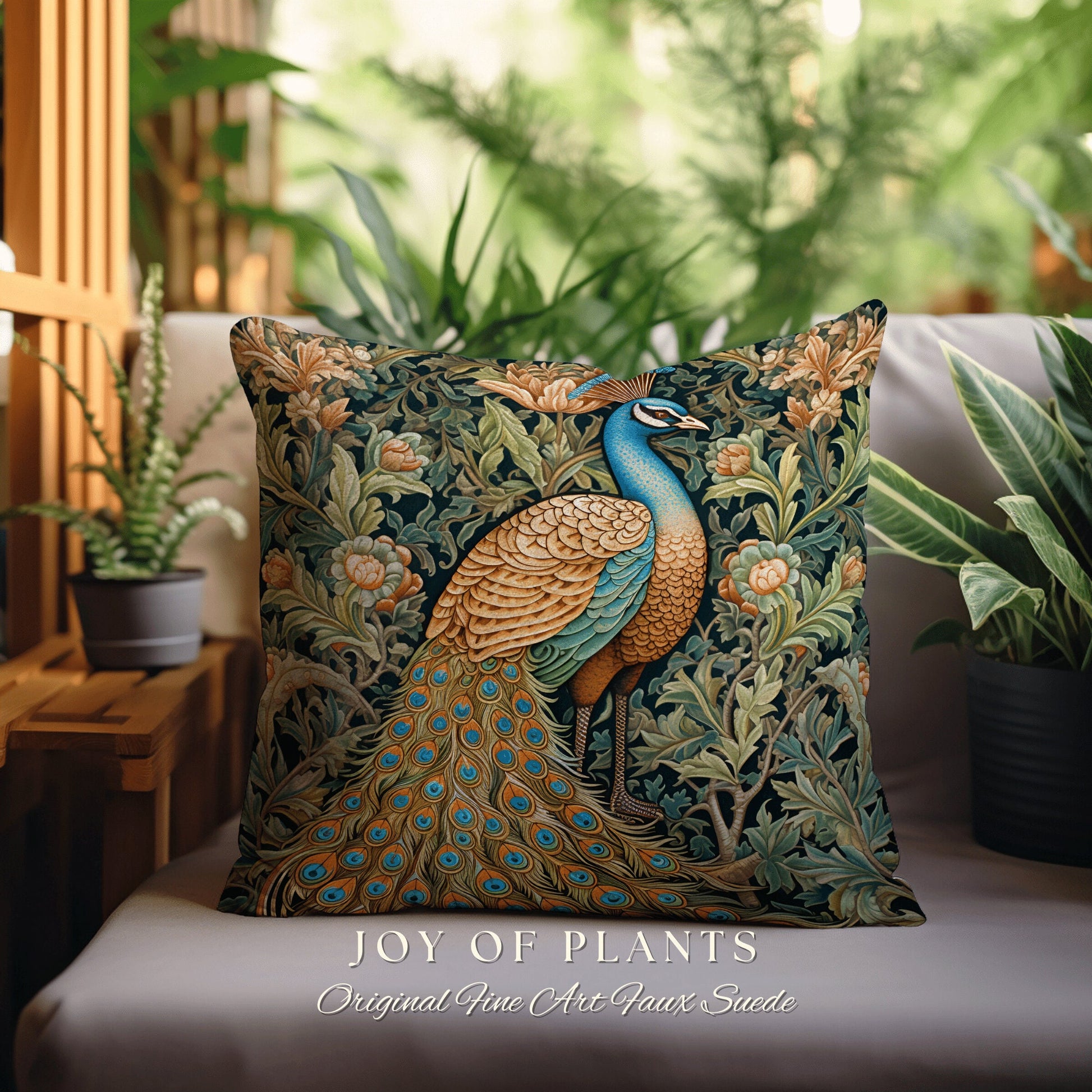 Woven Peacock Throw Pillow | William Morris Inspired Fox Pillow Eccentric Decor Pillow Maximalist Decor Throw Pillow Botanical Peacock Art