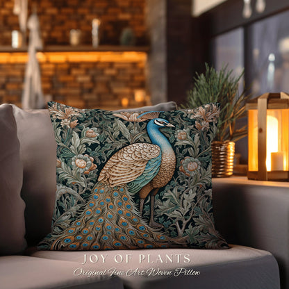 Woven Peacock Throw Pillow | William Morris Inspired Fox Pillow Eccentric Decor Pillow Maximalist Decor Throw Pillow Botanical Peacock Art