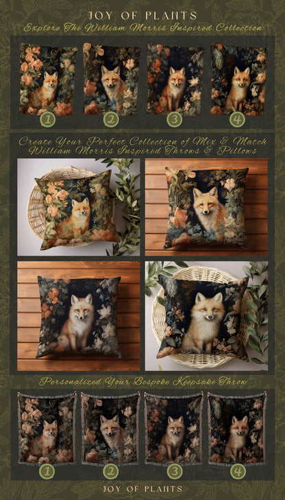 Floral Pastel Fox Pillow | William Morris Inspired Throw Pillow Woodland Forestcore Decor Pillow Maximalist Home Decor Throw Pillow Fox Art