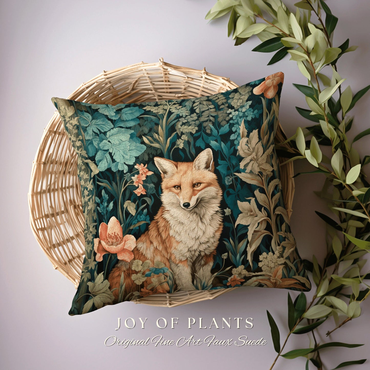 Fox Decoration Woven Pillow | William Morris Inspired Throw Pillow Woodland Forestcore Decor Pillow Maximalist Home Decor Throw Pillow Fox |