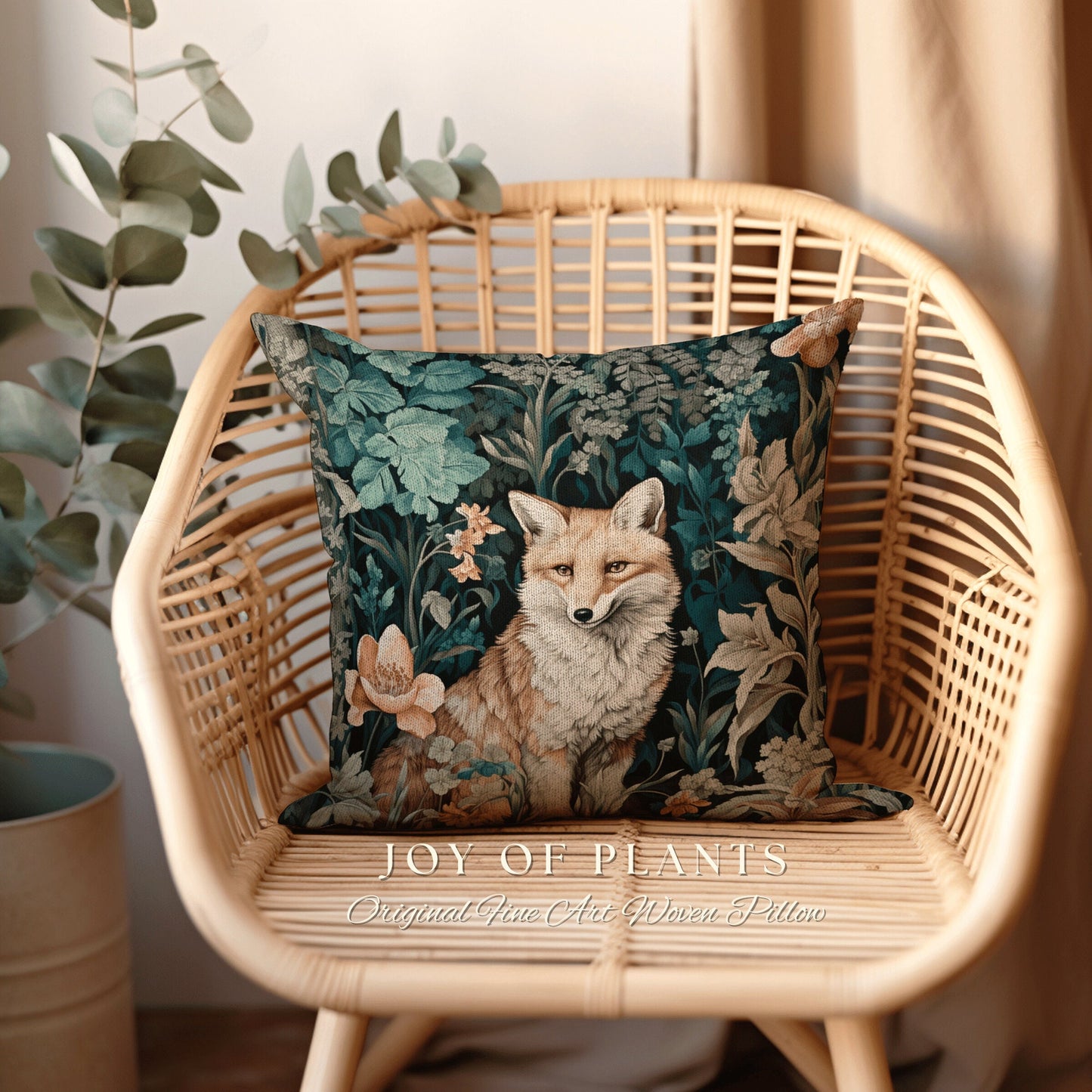 Fox Decoration Woven Pillow | William Morris Inspired Throw Pillow Woodland Forestcore Decor Pillow Maximalist Home Decor Throw Pillow Fox |