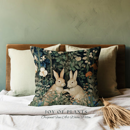 Botanical Bunnies Woven Pillow | Botanical William Morris Inspired Pillow Woodland Decor Pillow Home Decor Throw Pillow Rabbit Throw Pillow