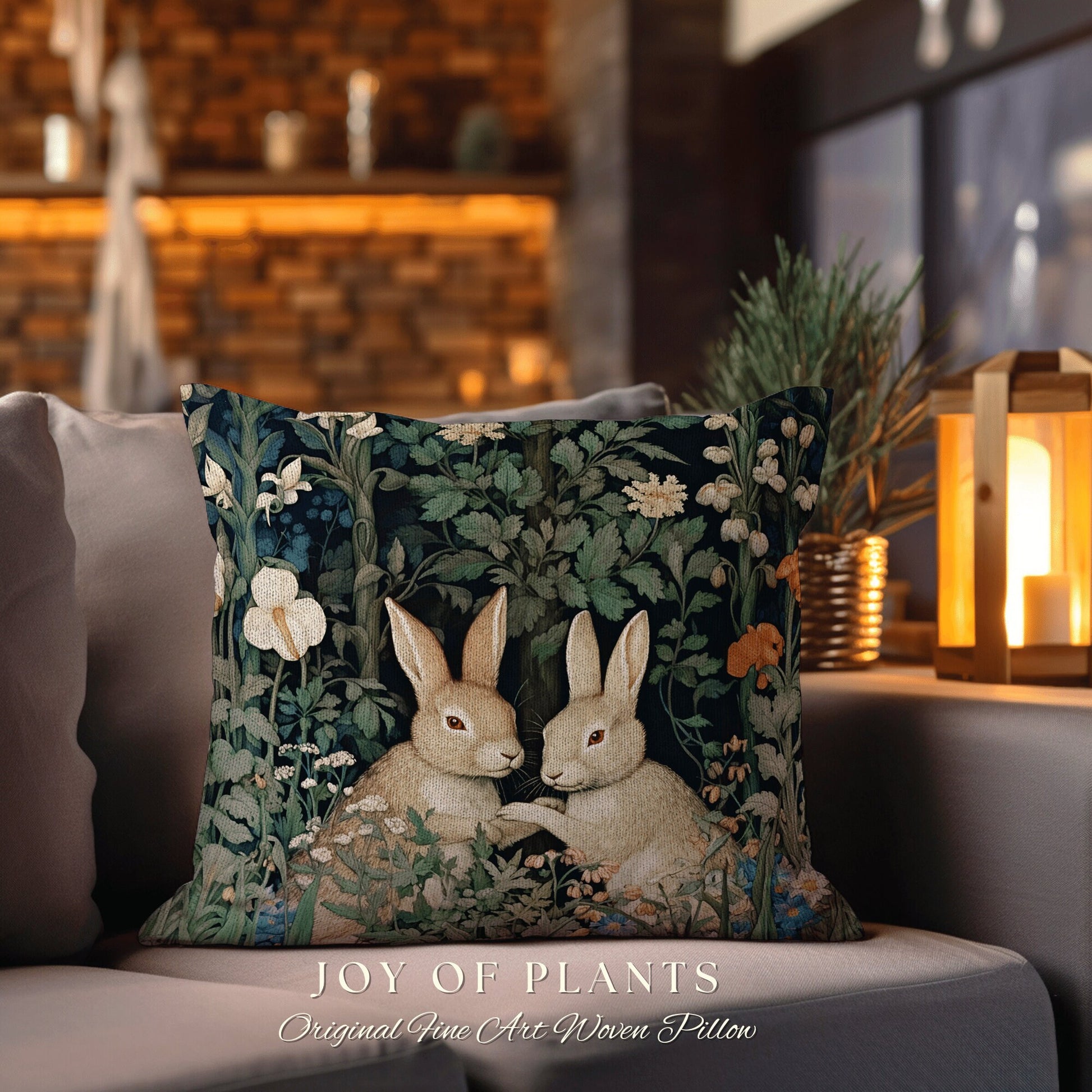 Botanical Bunnies Woven Pillow | Botanical William Morris Inspired Pillow Woodland Decor Pillow Home Decor Throw Pillow Rabbit Throw Pillow