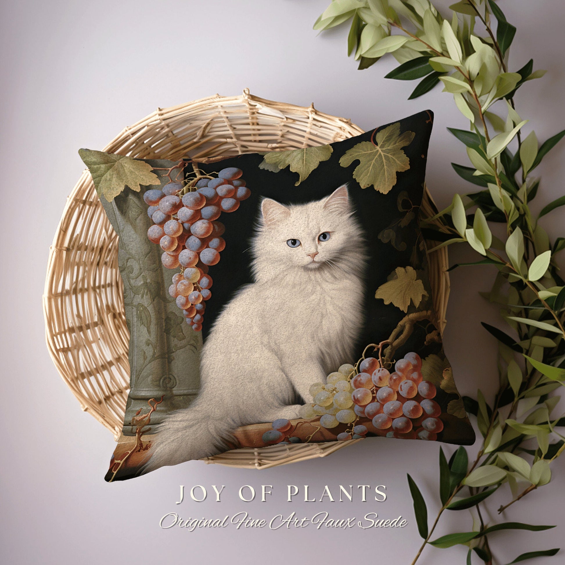 White Cat Morris Pillow Woven | Botanical William Morris Inspired Pillow Cottagecore Decor Pillow Home Decor Housewarming Gift Pillow Cat |