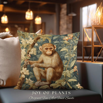 Victorian Monkey Art Pillow | William Morris Inspired Vintage Nature Pillow Pastel Floral Decor Throw Pillow Botanical Monkey Pillow Woven |