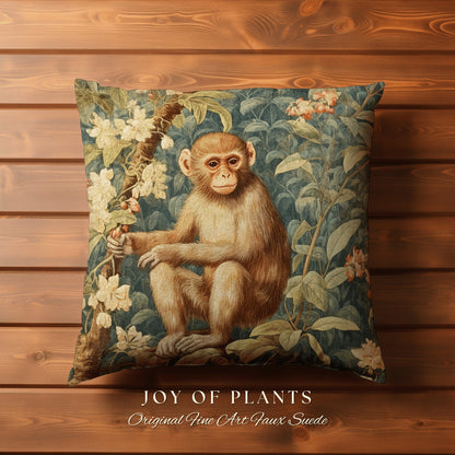 Victorian Monkey Art Pillow | William Morris Inspired Vintage Nature Pillow Pastel Floral Decor Throw Pillow Botanical Monkey Pillow Woven |