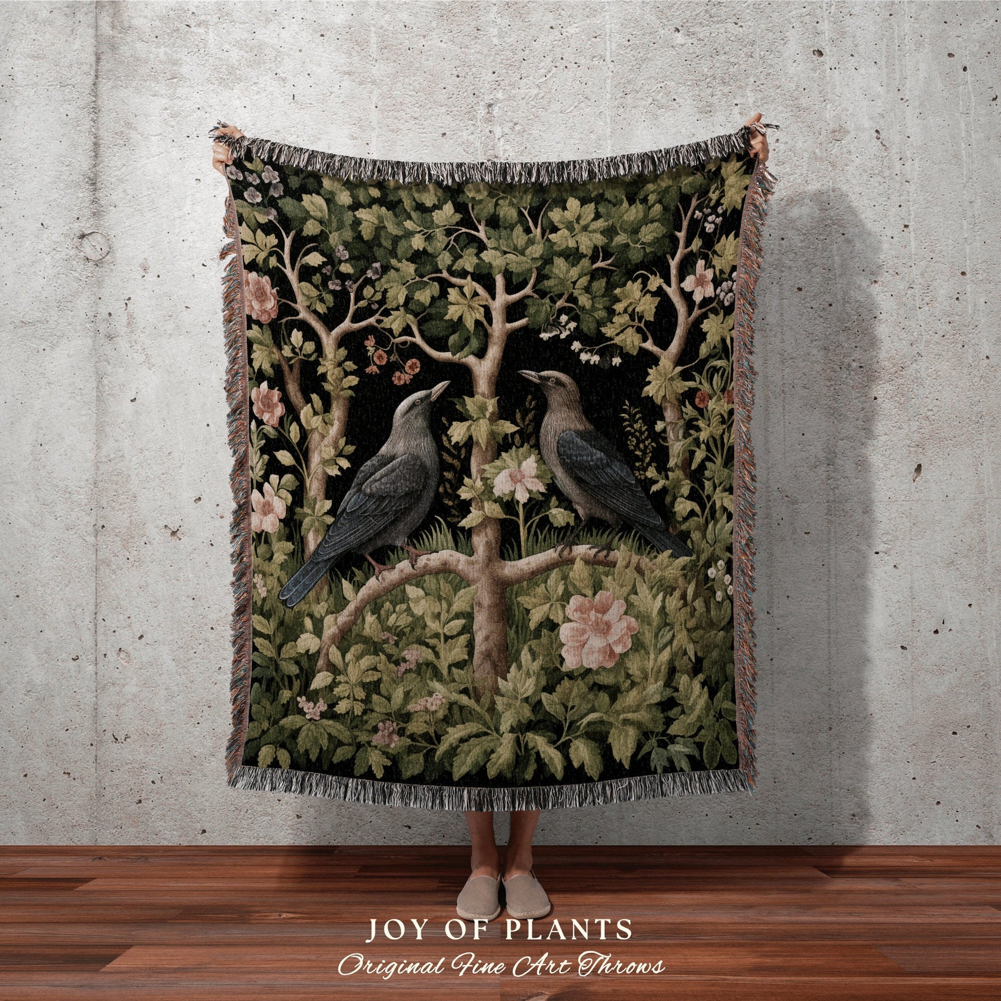 Raven Woven Tapestry Blanket | Dark Botanical William Morris inspired Nature Blanket Dark Academia Botanical Maximalist Crowcore Crow Decor