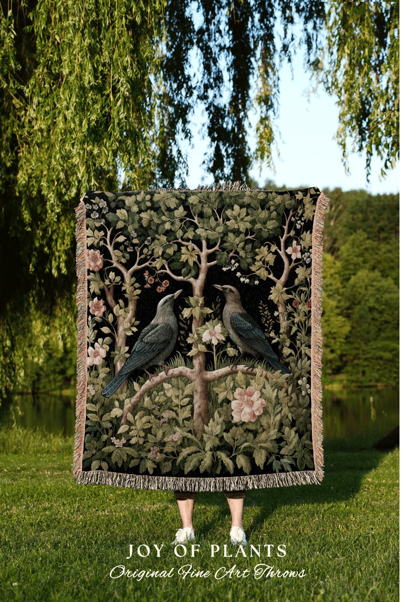 Raven Woven Tapestry Blanket | Dark Botanical William Morris inspired Nature Blanket Dark Academia Botanical Maximalist Crowcore Crow Decor