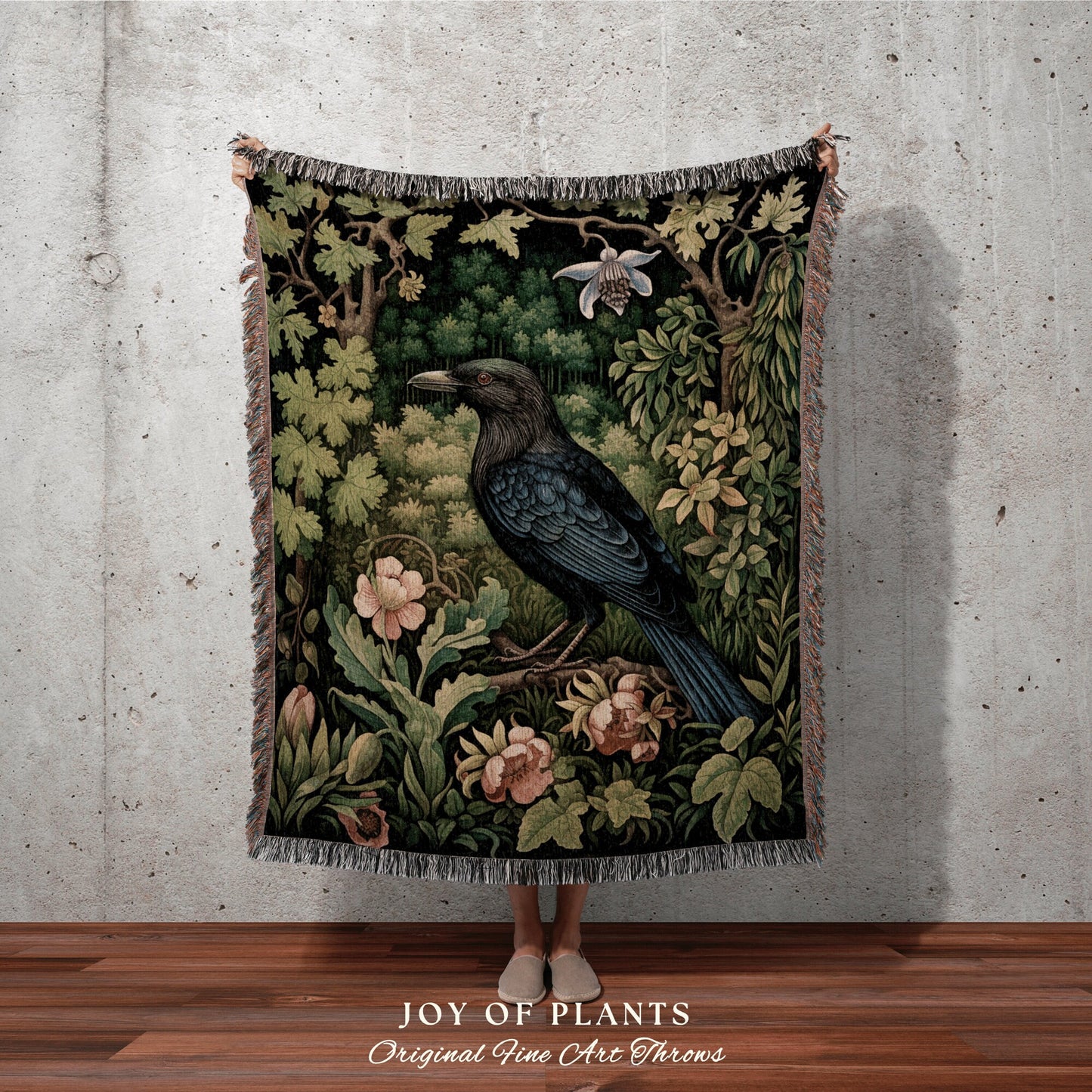 Dark Botanical Raven Throw Blanket Forestcore Decor Crowcore Aesthetic | William Morris Inspired Tapestry Blanket Dark Academia Botanical