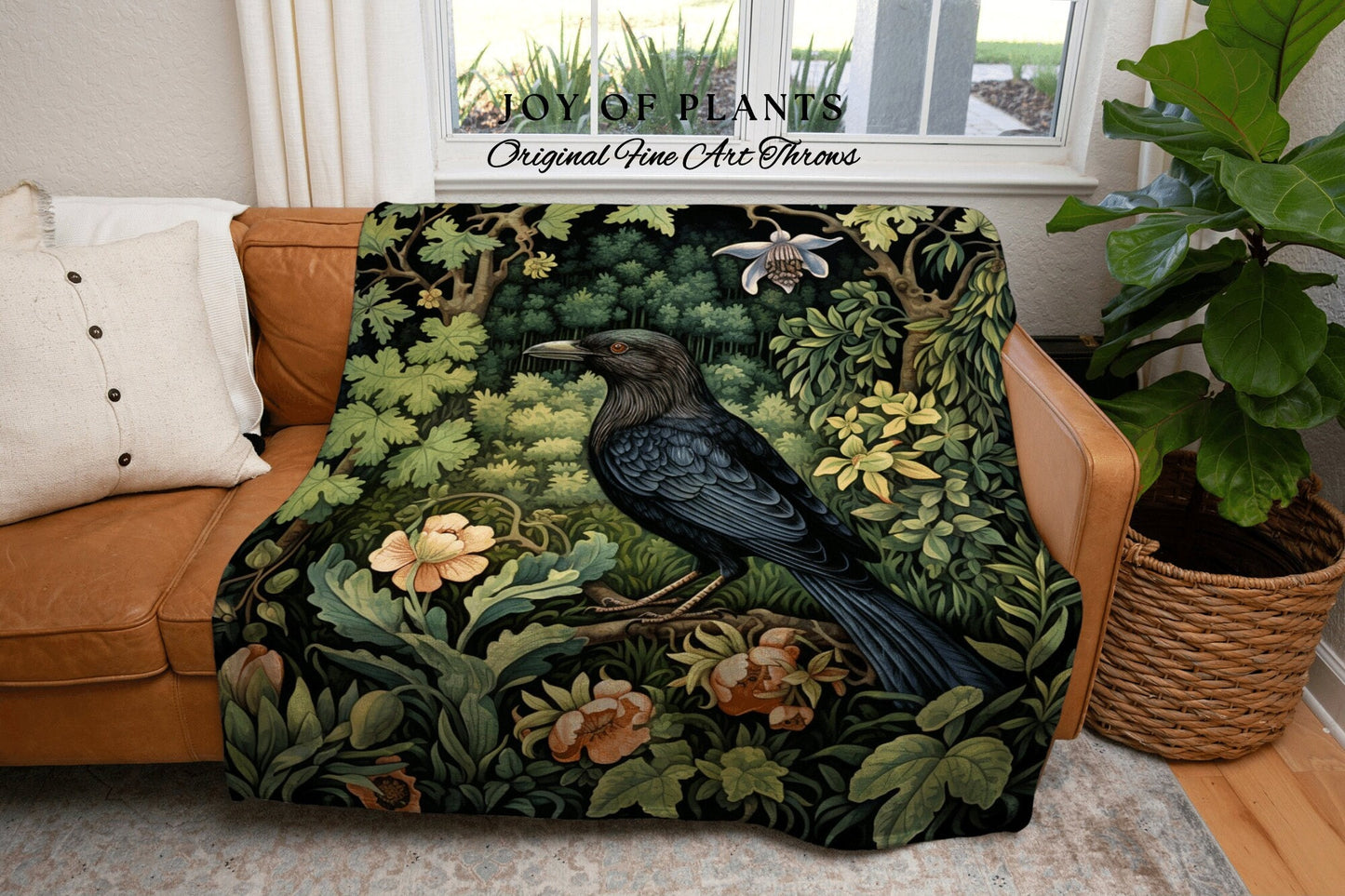 Dark Botanical Raven Throw Blanket Forestcore Decor Crowcore Aesthetic | William Morris Inspired Tapestry Blanket Dark Academia Botanical