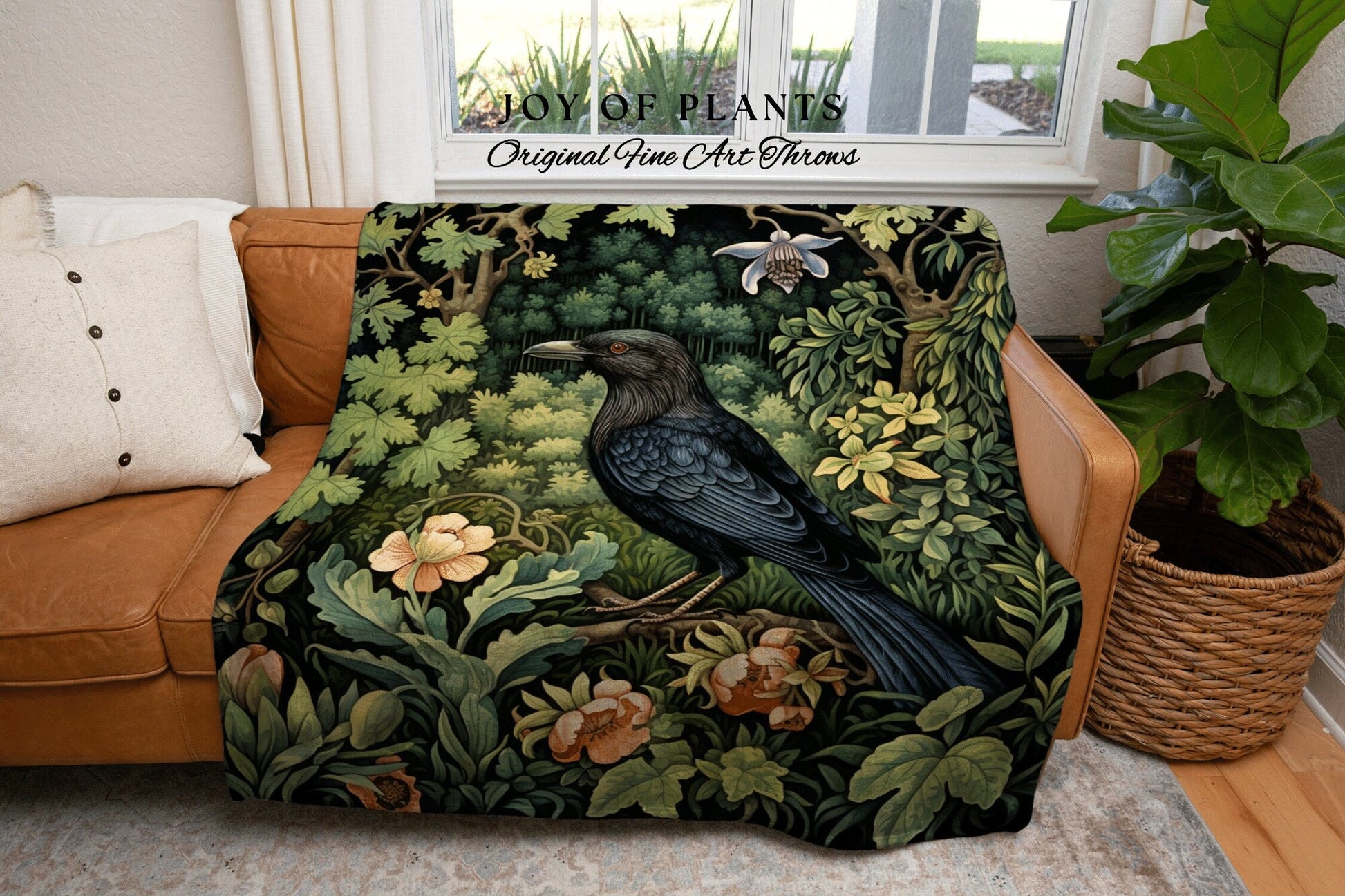 Dark Botanical Raven Throw Blanket Forestcore Decor Crowcore Aesthetic | William Morris Inspired Tapestry Blanket Dark Academia Botanical