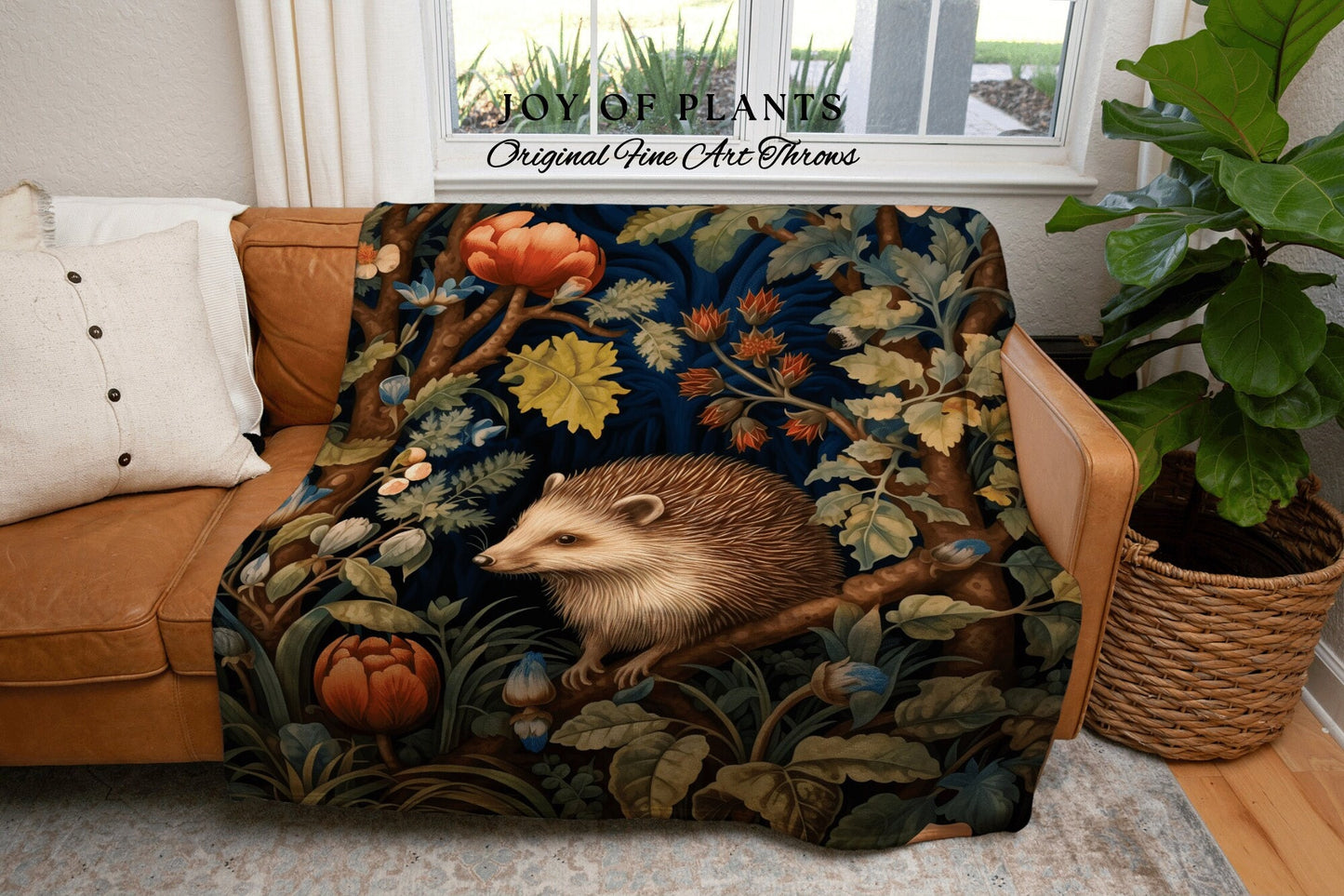 Fairy Core Hedgehog Throw Blanket | William Morris inspired Nature Blanket Woodland Cottagecore Decor Woven Blanket Hedgehog Decor Botanical