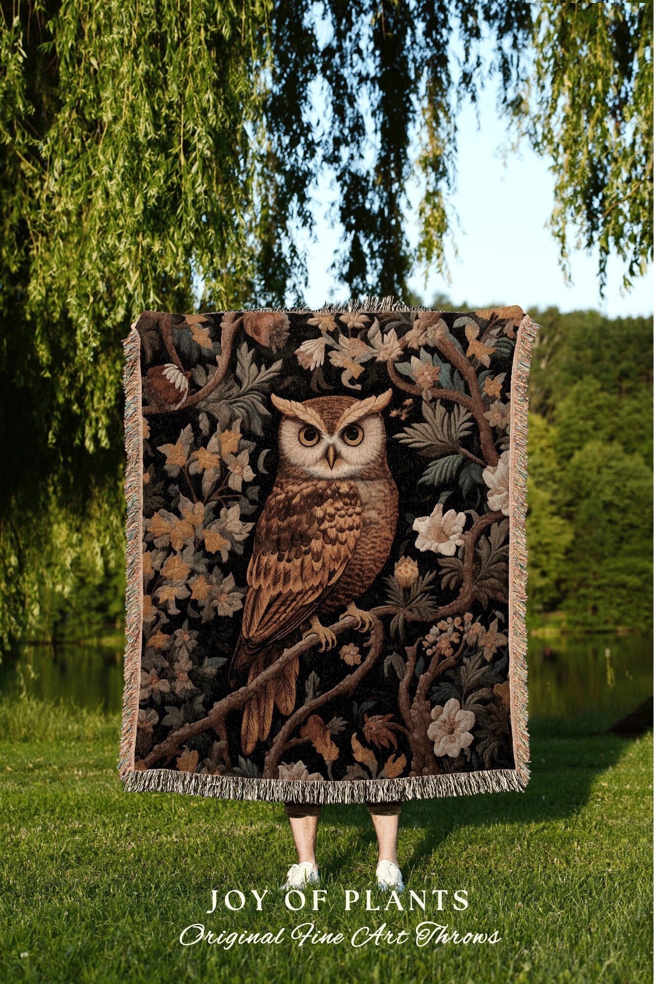 Owl Woven Blanket Botanical | Vintage William Morris inspired Nature Blanket Woodland Botanical Maximalist Decor Woven Blanket Owl Decor |