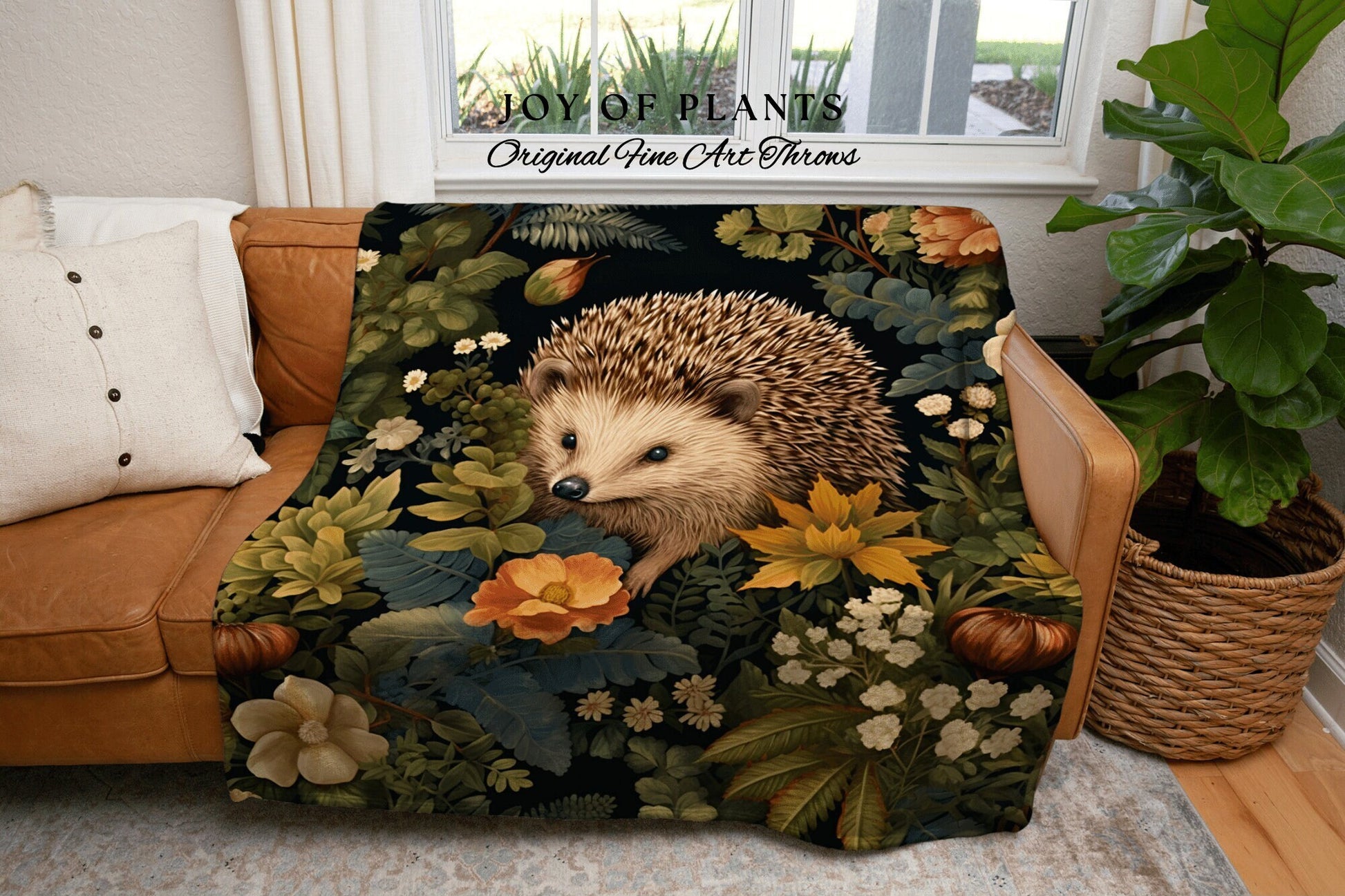 Maximalist Hedgehog Throw Blanket | William Morris inspired Nature Blanket Woodland Cottagecore Decor Woven Blanket Hedgehog Decor Botanical