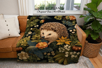 Maximalist Hedgehog Throw Blanket | William Morris inspired Nature Blanket Woodland Cottagecore Decor Woven Blanket Hedgehog Decor Botanical