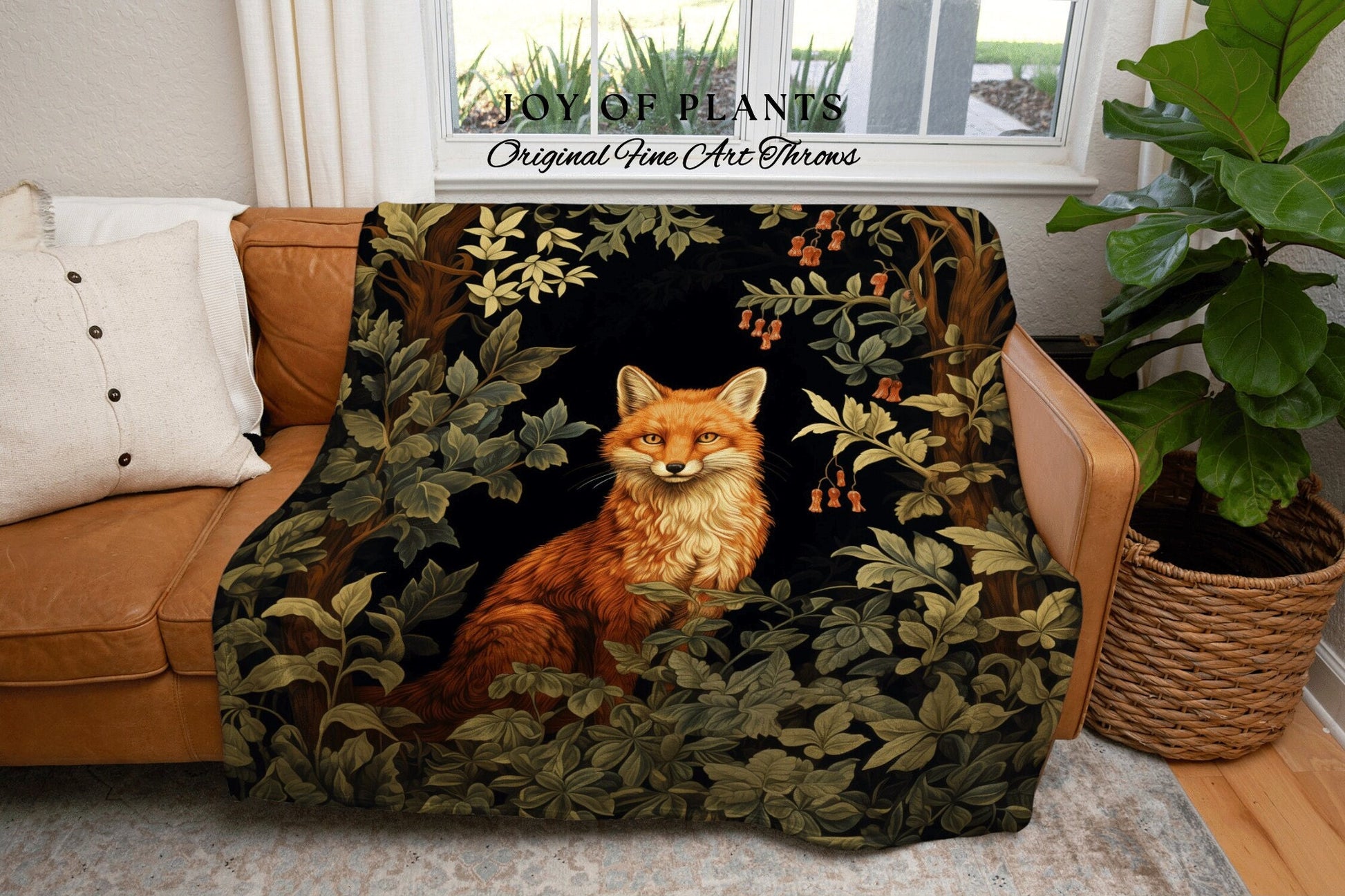 Fox Throw Blanket Woven Throw | Vintage William Morris inspired Nature Blanket Woodland Botanical Maximalist Decor Woven Blanket Fox Decor |