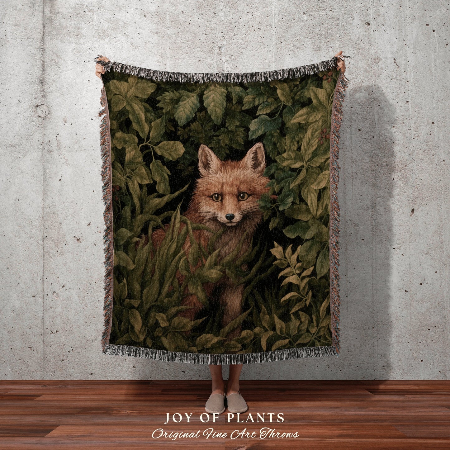 Dark Woodland Fox Throw Blanket Woven | Vintage William Morris inspired Nature Blanket Woodland Botanical Maximalist Decor Blanket Fox Decor