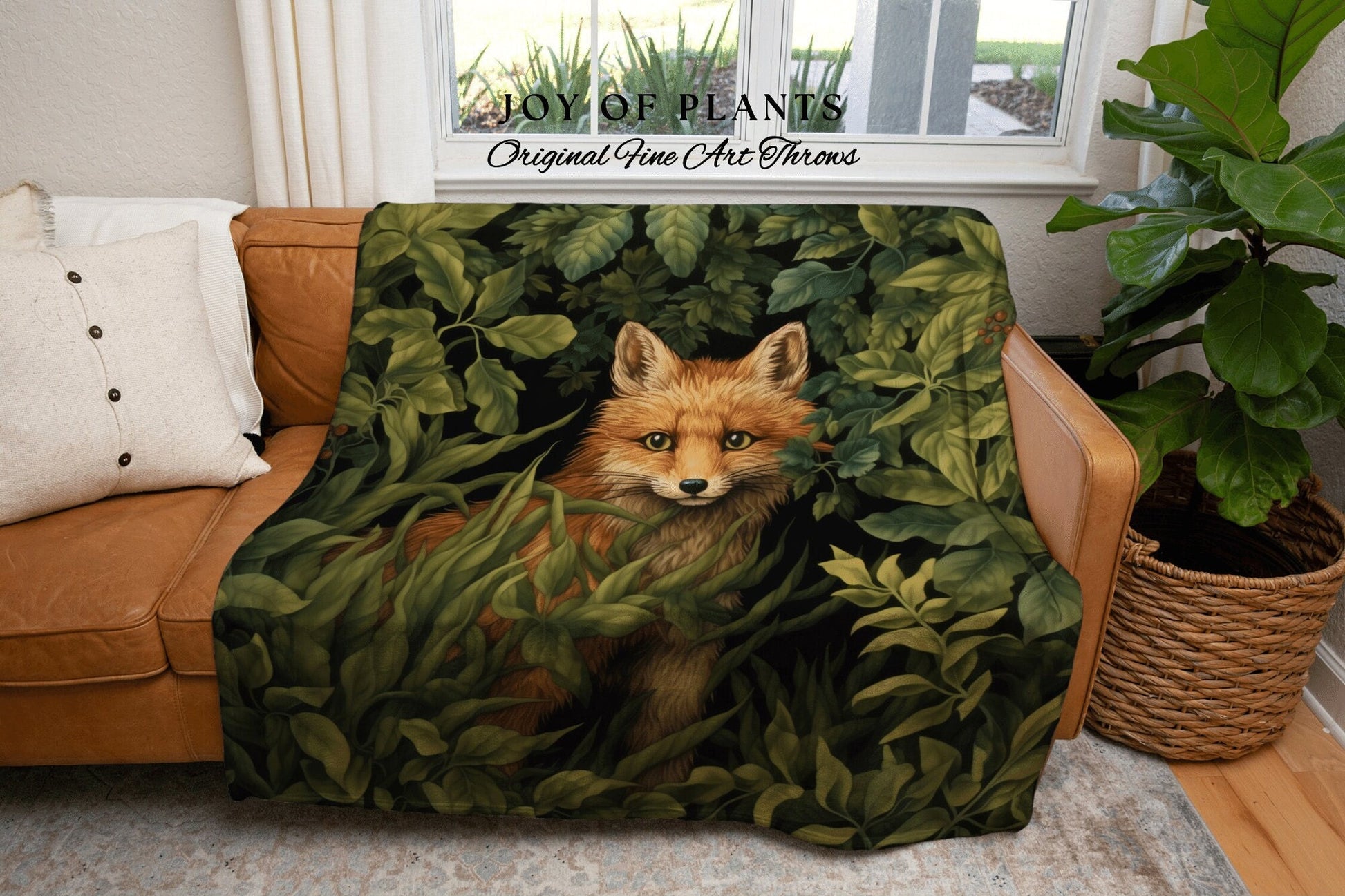 Dark Woodland Fox Throw Blanket Woven | Vintage William Morris inspired Nature Blanket Woodland Botanical Maximalist Decor Blanket Fox Decor