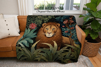 Jungle Blanket Woven Floral | William Morris inspired Nature Blanket Vintage Woodland Cottagecore Decor Woven Blanket Lion Decor Vintage Art