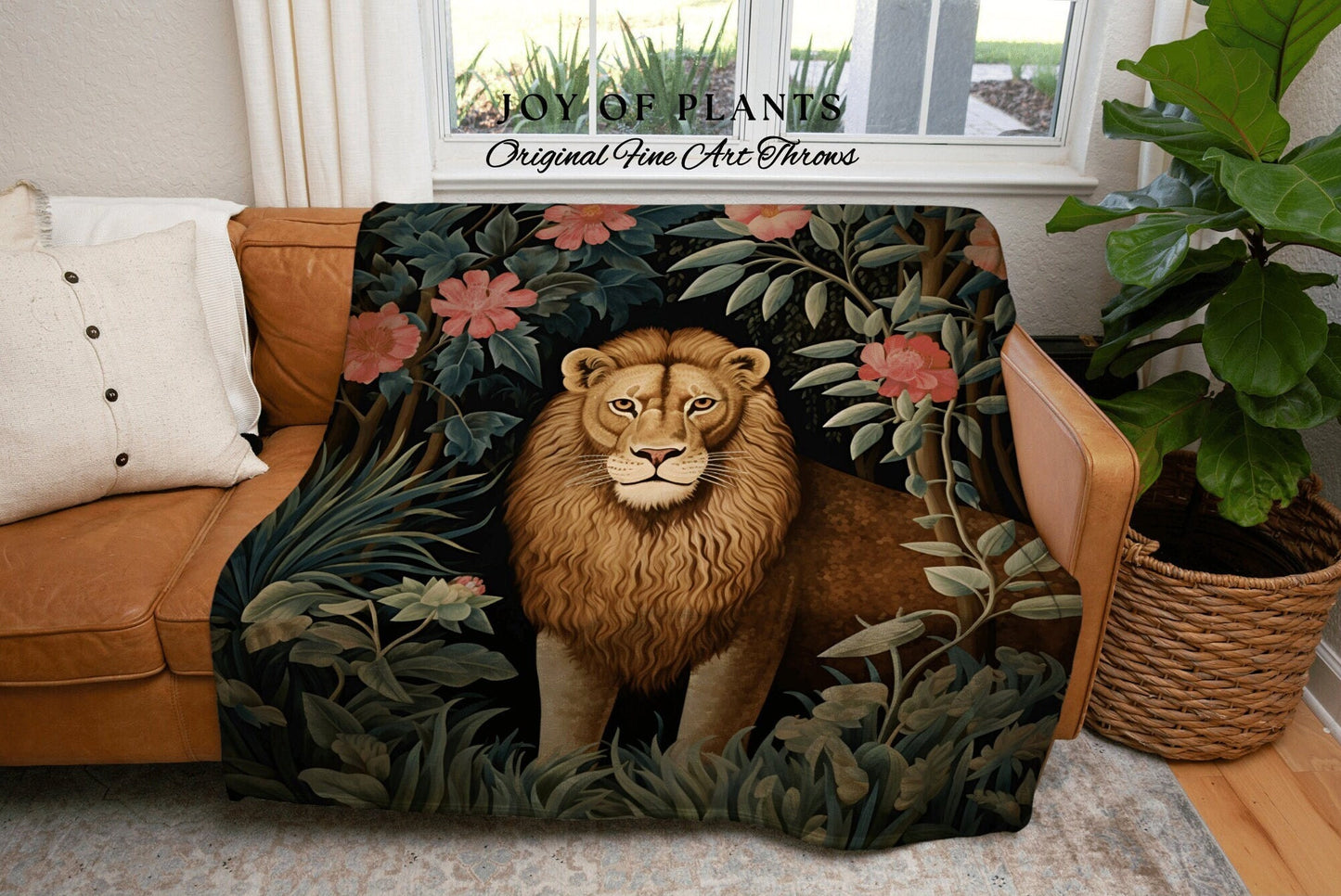 Jungle Blanket Botanical Throw | William Morris inspired Nature Blanket Vintage Fairycore Woodland Aesthetic Decor Woven Throw Lion Blanket