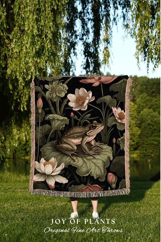 Frog Cottagecore Throw Blanket | Vintage William Morris inspired Nature Blanket Woodland Botanical Maximalist Crowcore Frog Decor Woven |