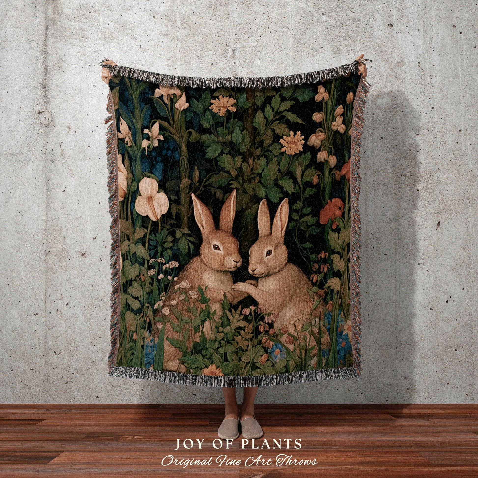 Bunny Blanket Woodland Decor | Dark Floral William Morris inspired Nature Blanket Dark Academia Botanical Maximalist Crowcore Bunny Throw |