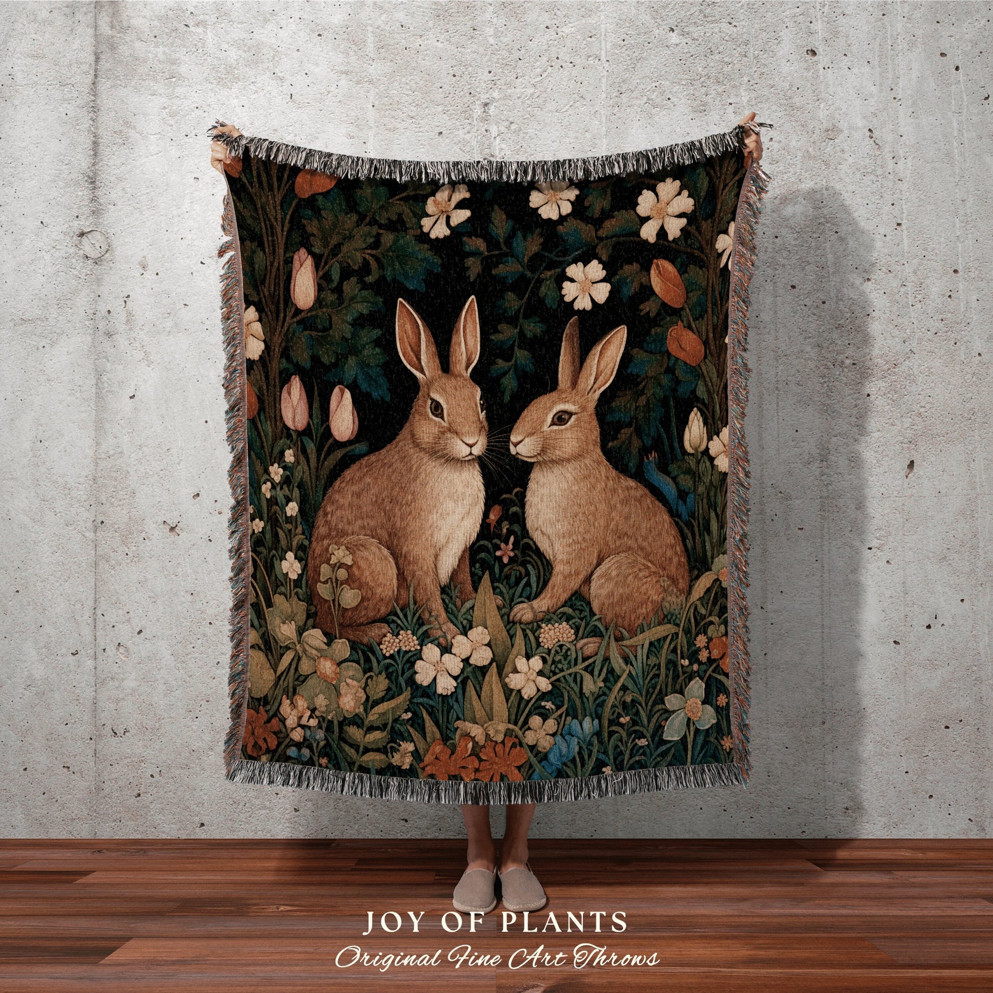 Floral Throw Blanket Rabbit | Dark Floral William Morris inspired Nature Blanket Dark Academia Botanical Maximalist Crowcore Bunny Throw |