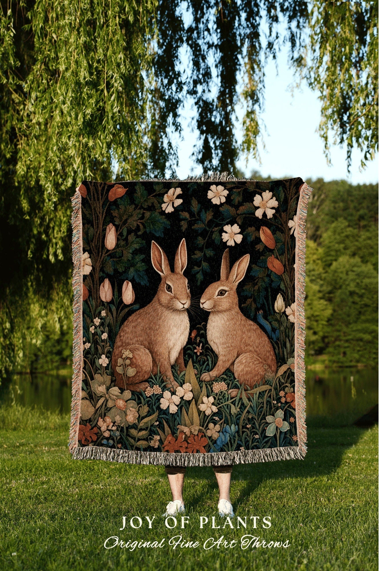 Floral Throw Blanket Rabbit | Dark Floral William Morris inspired Nature Blanket Dark Academia Botanical Maximalist Crowcore Bunny Throw |