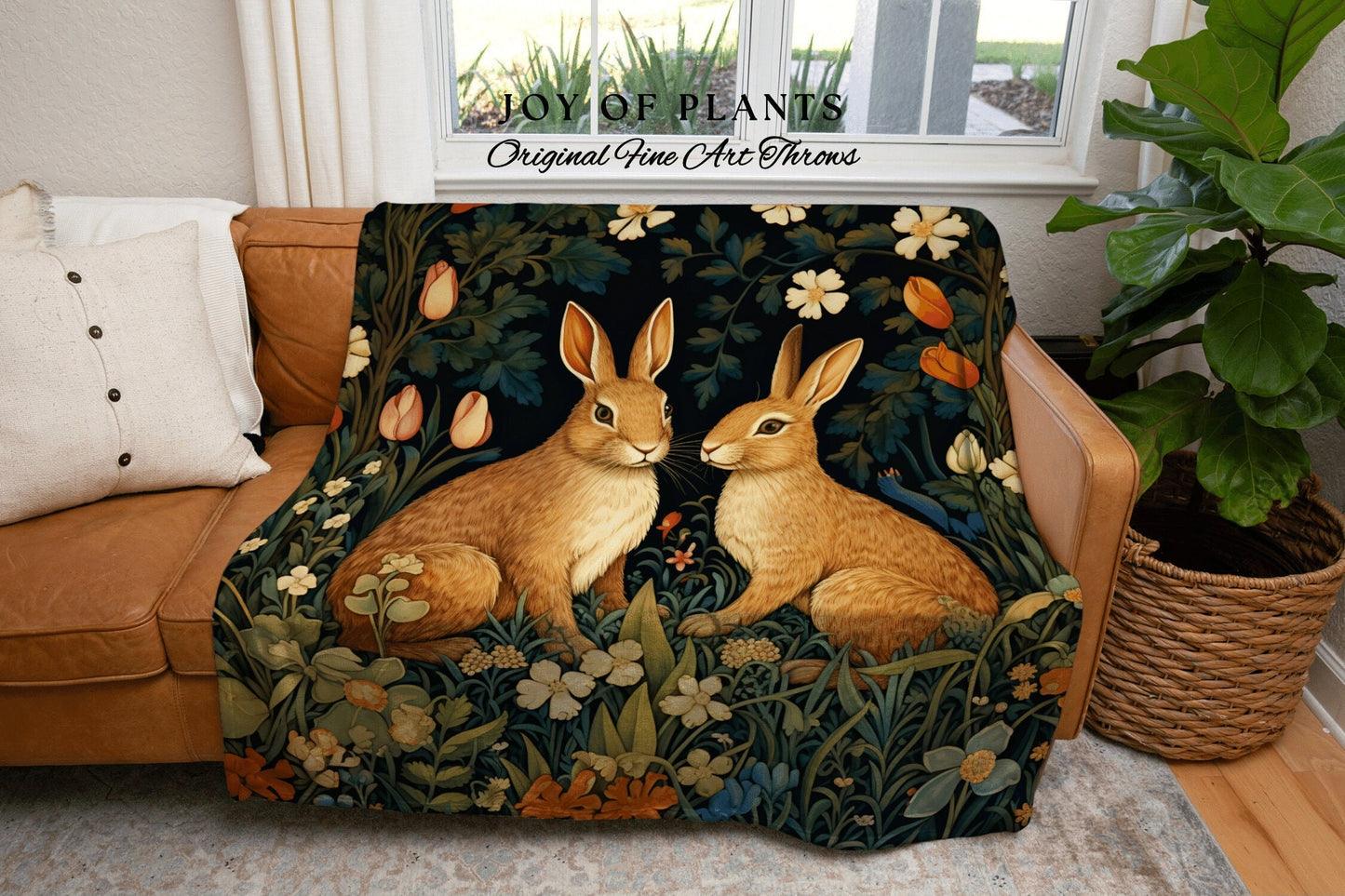 Floral Throw Blanket Rabbit | Dark Floral William Morris inspired Nature Blanket Dark Academia Botanical Maximalist Crowcore Bunny Throw |