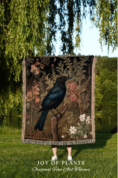 Crow Throw Blanket Whimsigoth | Dark Botanical William Morris inspired Nature Blanket Dark Academia Botanical Maximalist Crowcore Crow Throw