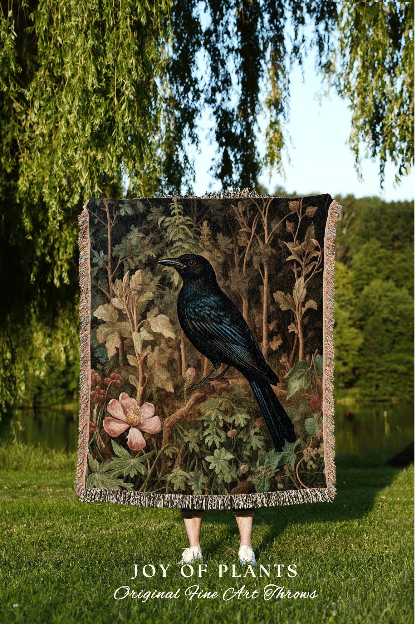 Gothic Blanket Crowcore Throw | Dark Botanical William Morris inspired Nature Blanket Dark Academia Botanical Maximalist Crowcore Crow Throw