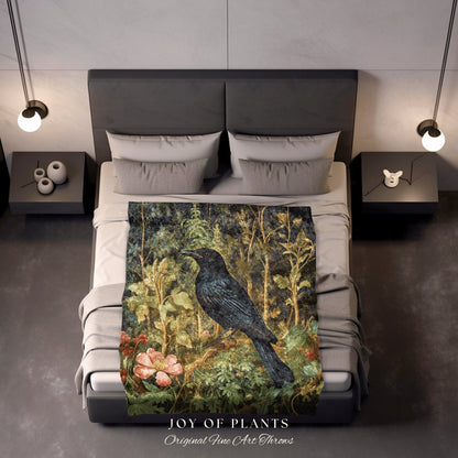 Gothic Blanket Crowcore Throw | Dark Botanical William Morris inspired Nature Blanket Dark Academia Botanical Maximalist Crowcore Crow Throw