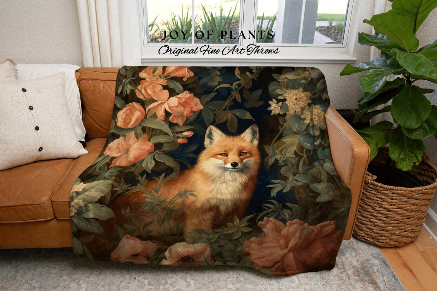 Pastel Floral Fox Blanket Woven | Vintage William Morris inspired Nature Blanket Woodland Botanical Maximalist Decor Blanket Fox Tapestry |