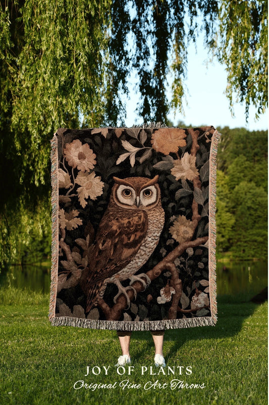 Whimsical Owl Vintage Tapestry | Vintage William Morris inspired Nature Blanket Woodland Botanical Maximalist Decor Woven Blanket Owl Throw