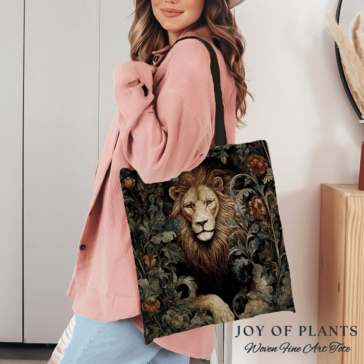 Lion Tote Bag Dark Botanical | William Morris Inspired Tote Bag Cottagecore Satchel Maximalist Woven Tapestry Tote Jungle Aesthetic Lion Bag