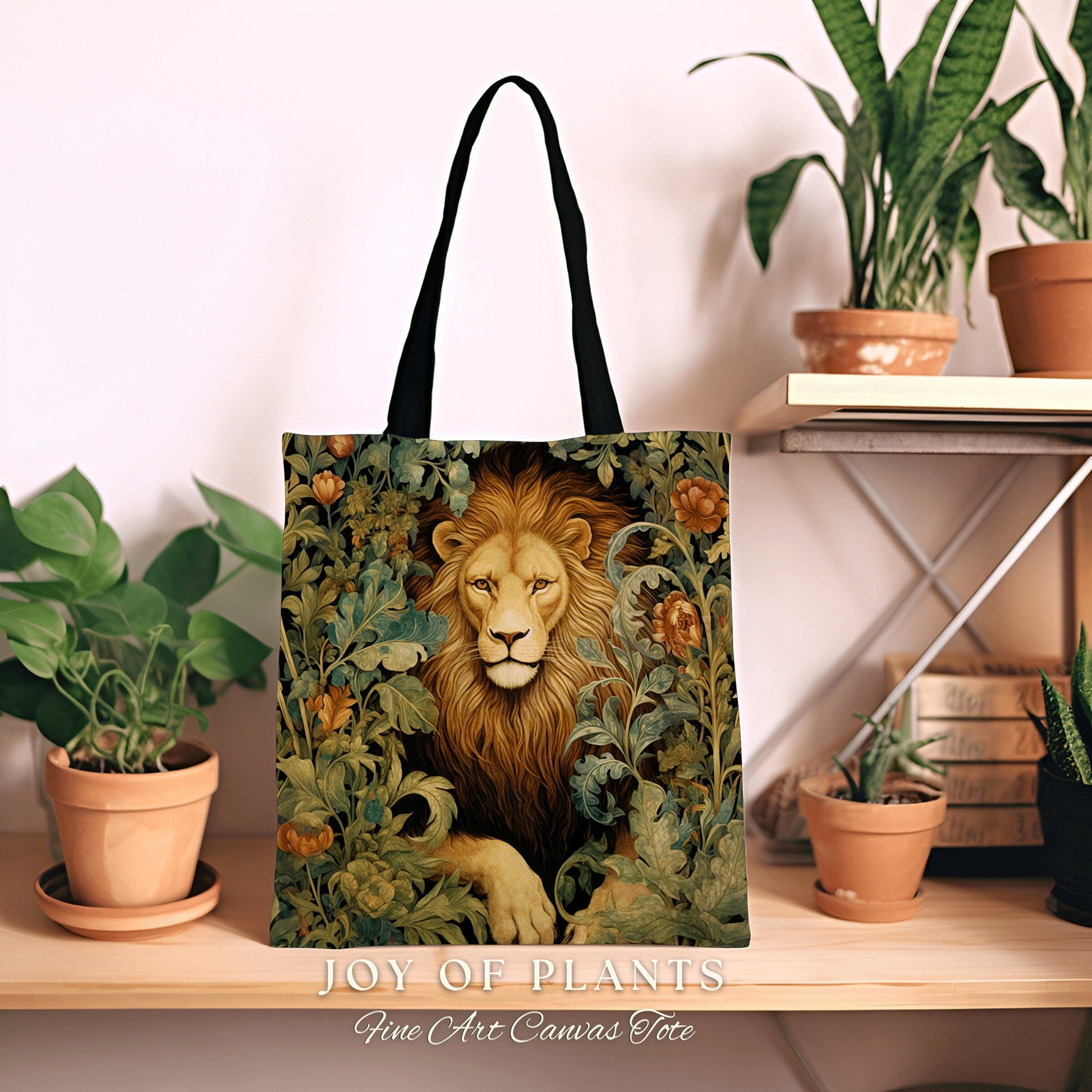 Lion Tote Bag Dark Botanical | William Morris Inspired Tote Bag Cottagecore Satchel Maximalist Woven Tapestry Tote Jungle Aesthetic Lion Bag