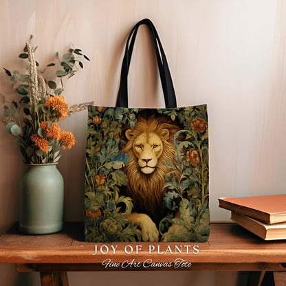 Lion Tote Bag Dark Botanical | William Morris Inspired Tote Bag Cottagecore Satchel Maximalist Woven Tapestry Tote Jungle Aesthetic Lion Bag