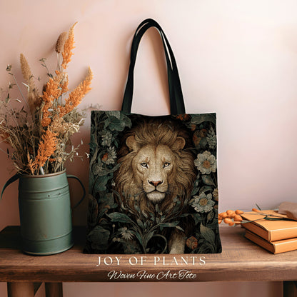 Witchy Lion Tote Bag | William Morris Inspired Tote Bag Cottagecore Satchel Maximalist Woven Tapestry Tote Botanical Fairy Grunge Bag Lion |