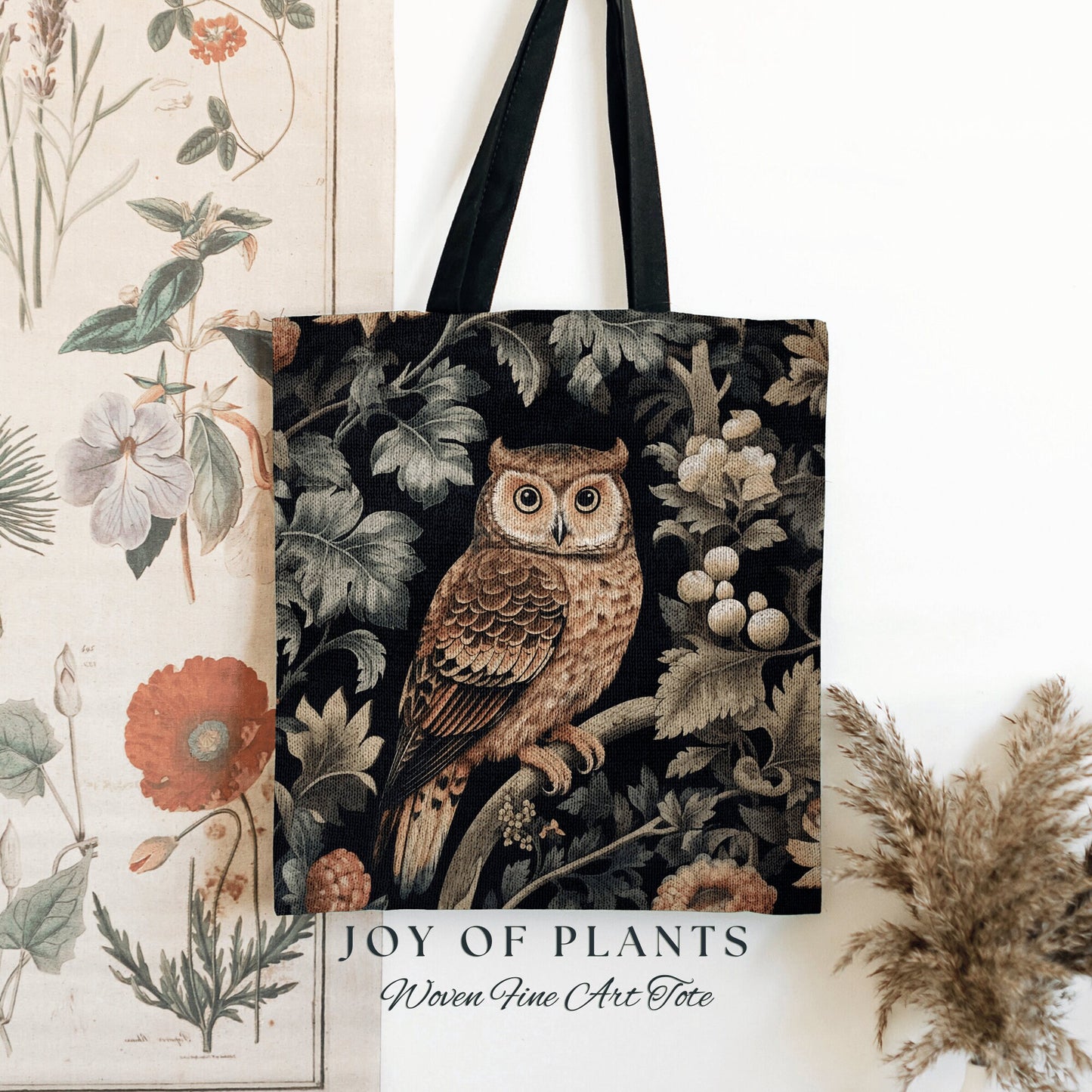 Owl Tote Bag Vintage Botanical | William Morris Inspired Tote Bag Pastel Goth Woodland Tapestry Tote Woven Victorian Fairy Core Owl Tote Bag