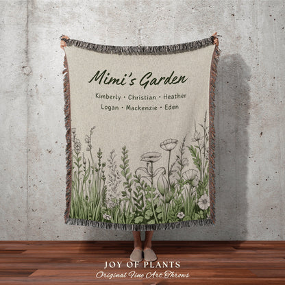 Mimi's Garden Custom Family Name Blanket | Gift for Mom Birth Flower Personalized Grandma's Garden Tapestry Woven Grandchildren's Names |