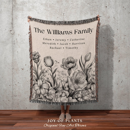 Family Flowers Custom Throw | Personalized Meaningful Mom Custom Family Name Blanket Children's Names Grandmas Garden Thoughtful Gift