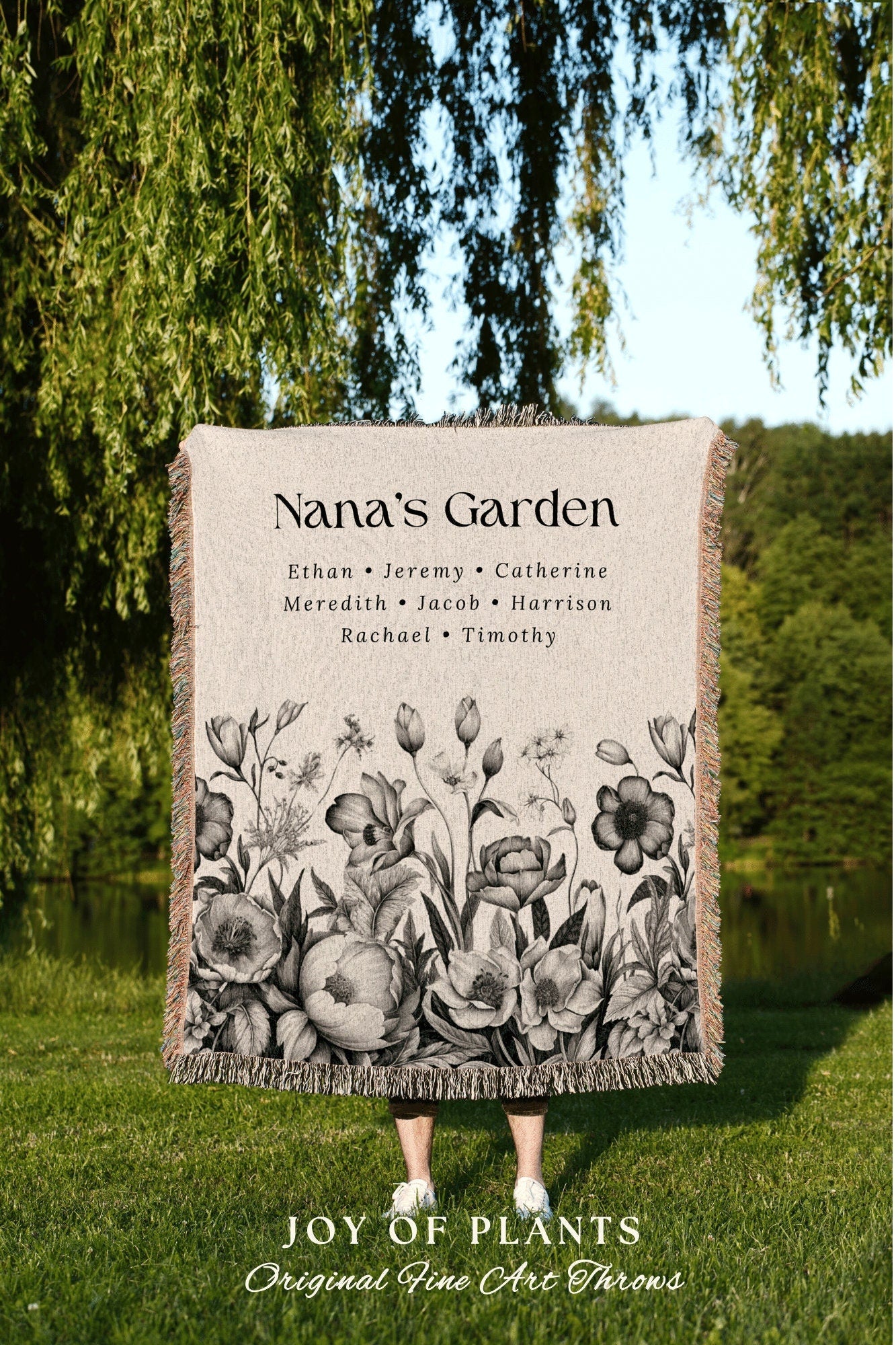 Nana's Garden Floral Blanket Woven | Custom Mom Gift Custom Family Name Tapestry Grandkid's Names Grandmas Garden Thoughtful In-Law Gift