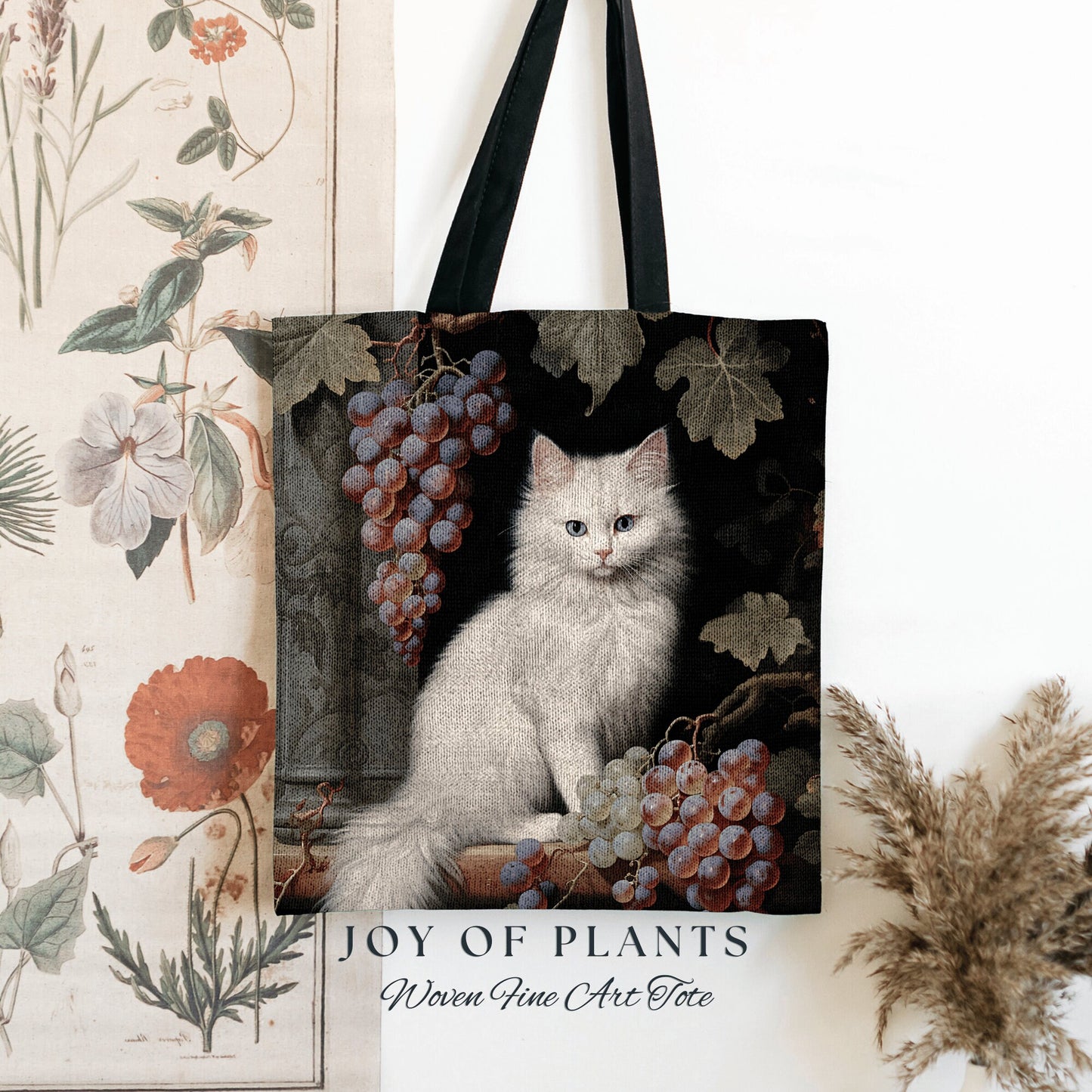 Dark Botanical Cat Tote Bag Woven | William Morris Inspired Tote Bag Aesthetic Tapestry Tote Woven Victorian Gothic Fairy Core Cat Tote Bag