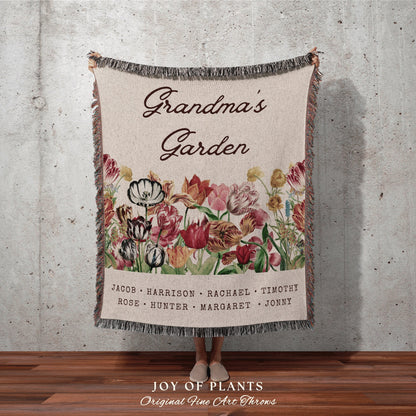 Thoughtful Mother's Day Blanket | Personalized Family Name Tapestry Grandkid's Names Grandmas Garden Sentimental Gift for the Home Custom