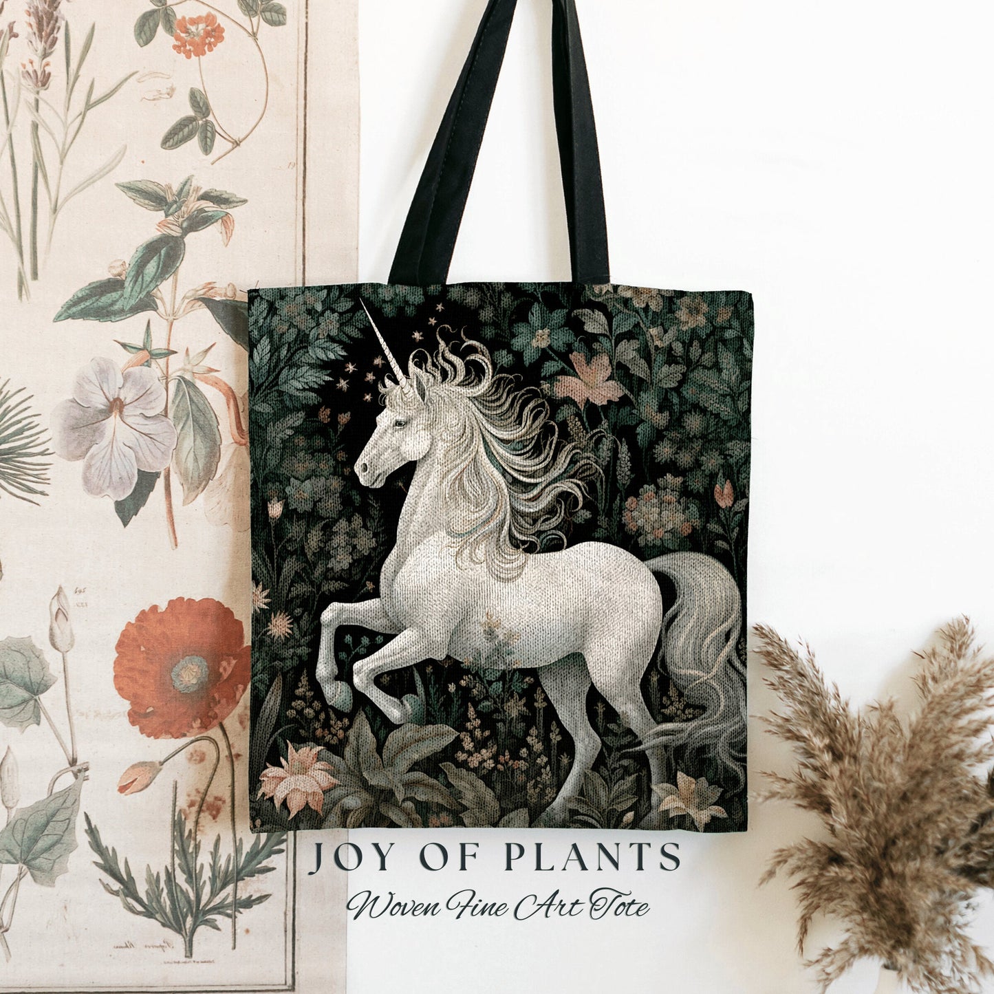 Fairycore Unicorn Woven Tote | William Morris Inspired Tote Bag Aesthetic Mystical Tapestry Tote Woven Victorian Fairy Core Folklore Tote |