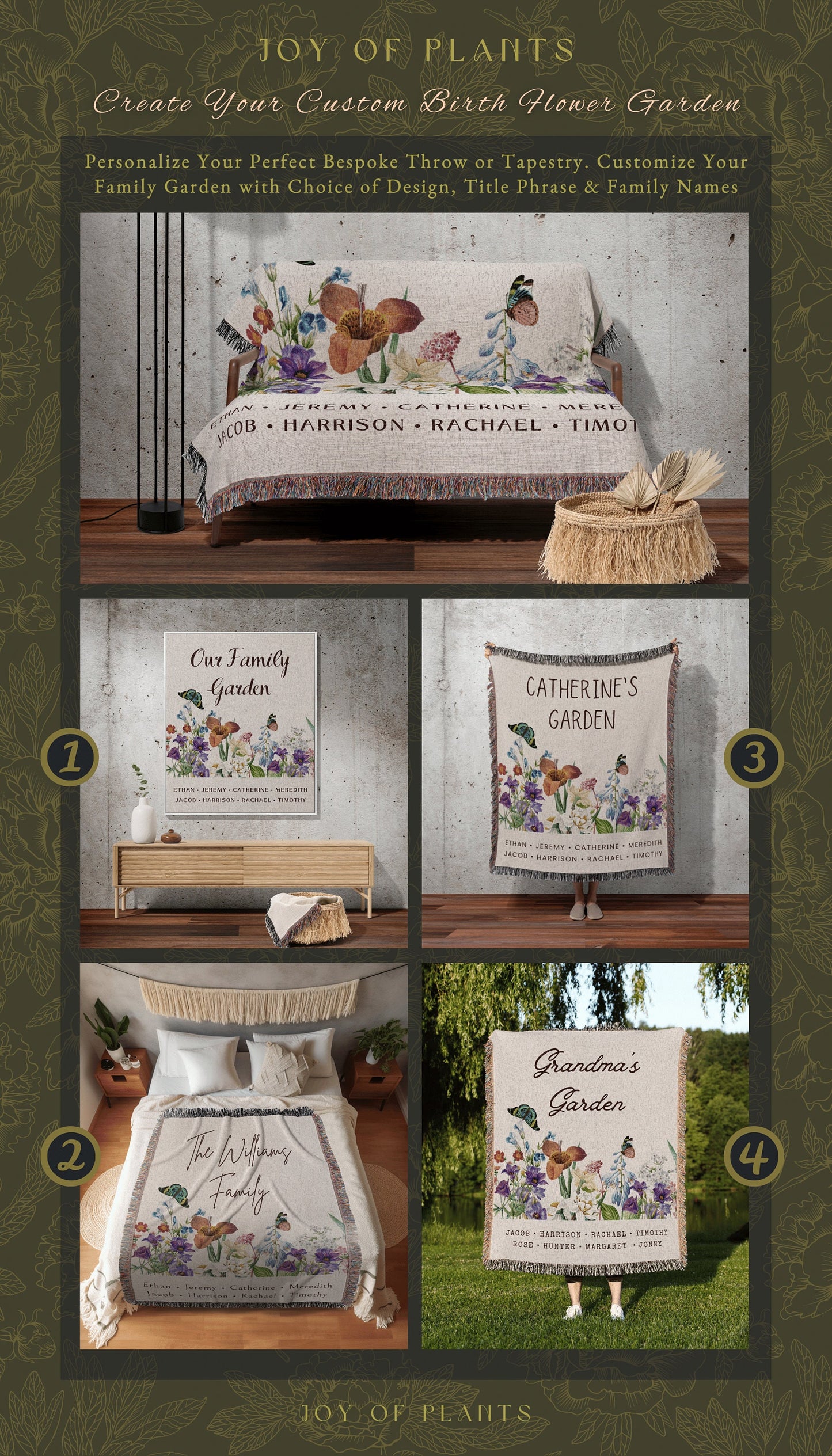 Grandchildren's Names Custom Blanket | Family Name Tapestry Grandkid's Names Grandmas Garden Thoughtful In-Law Gift for Mom Custom Throw |