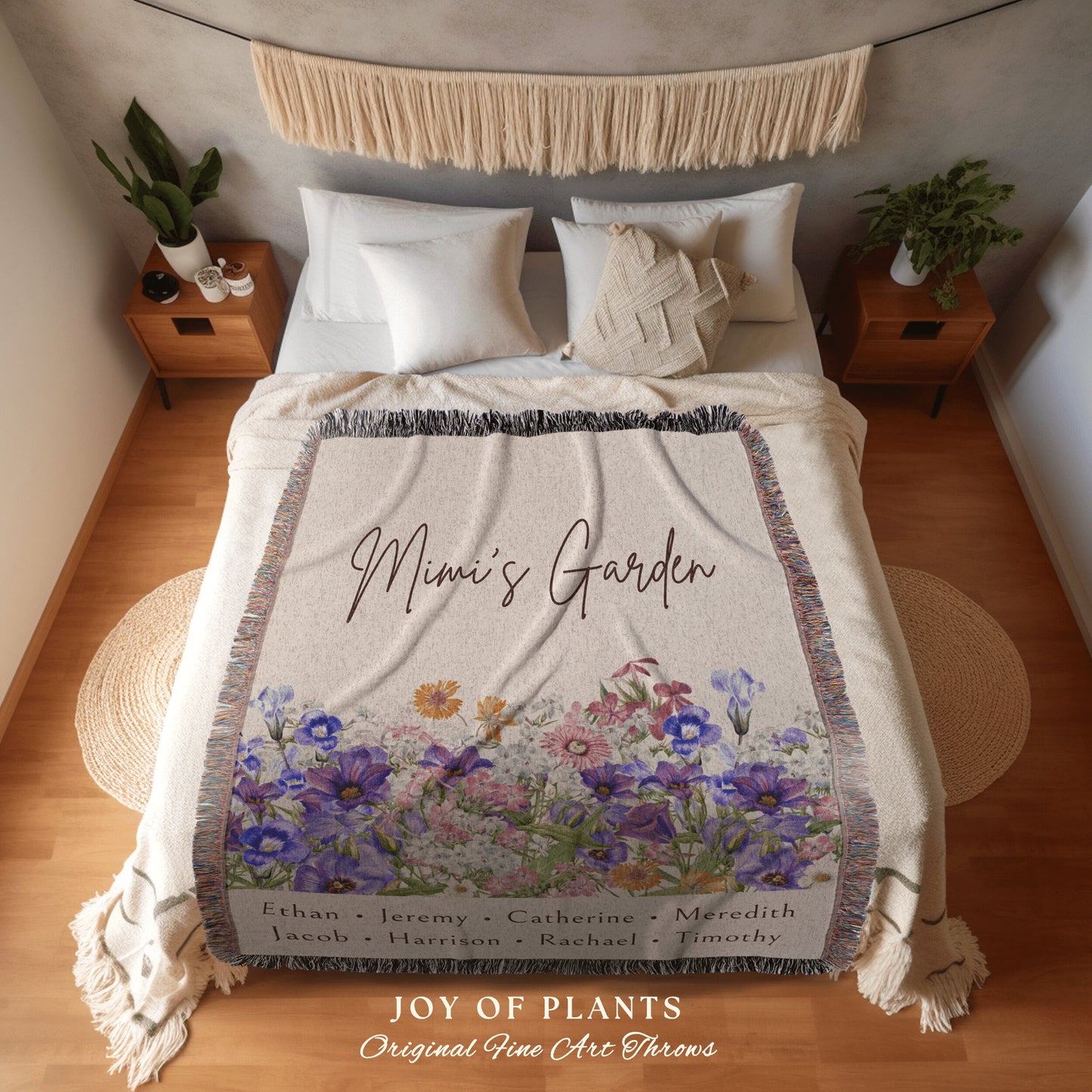 Mama's Garden Custom Throw | Personalized Family Name Tapestry Grandchildren's Names Grandmas Garden Thoughtful Gift for the Home Floral |