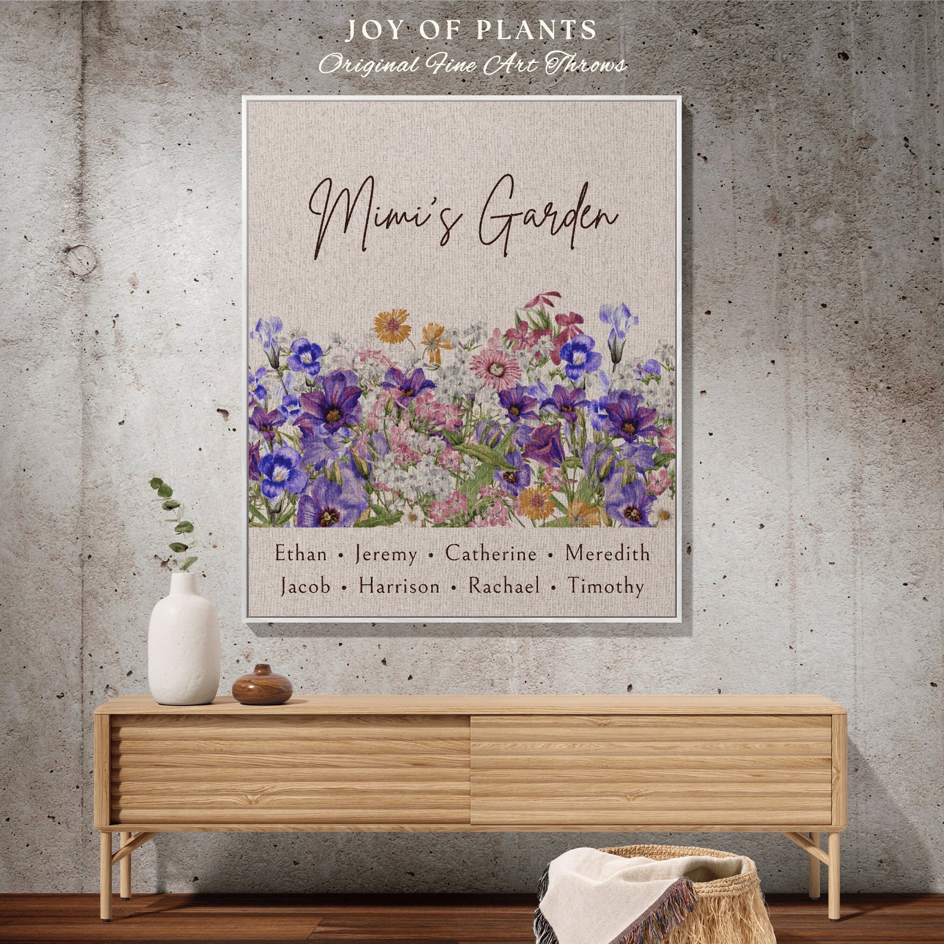 Mama's Garden Custom Throw | Personalized Family Name Tapestry Grandchildren's Names Grandmas Garden Thoughtful Gift for the Home Floral |